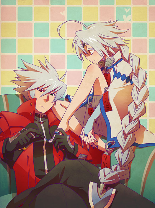 1boy 1girl ahoge arc_system_works barefoot black_pants blade blazblue bodysuit braid bridal_gauntlets cape couch crossed_legs eyepatch gloves green_eyes heart hesocha heterochromia jacket long_hair nail_polish nu-13 ofuda pants patterned_upholstery ragna_the_bloodedge red_eyes red_jacket sitting smile striped_upholstery very_long_hair white_hair
