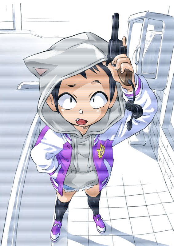 1girl animal_ear_hood animal_ears black_hair black_thighhighs blue_shorts cutoffs drawstring fake_animal_ears fang from_above grey_hoodie hand_in_pocket holding holding_toy_gun hood hood_up hoodie jacket koarashi_(nishinozawa_kaorisuke) legs_apart light_gun looking_at_viewer looking_up monochrome_background nishinozawa_kaorisuke open_clothes open_jacket open_mouth original payphone phone purple_shoes raised_eyebrow scanlines shoes short_hair short_shorts shorts solo standing thighhighs