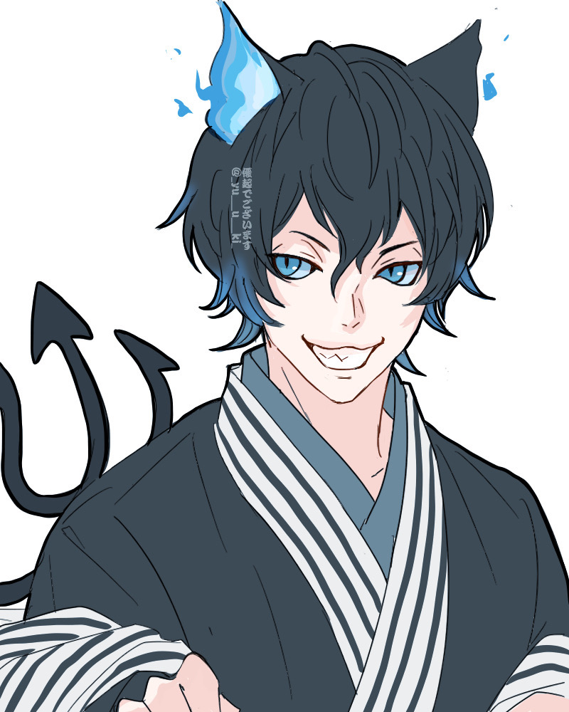 1boy animal_ears black_hair blue_eyes blue_hair blue_sclera cat_ears colored_sclera colored_tips commentary_request demon_tail flaming_ears grim_(twisted_wonderland) grin japanese_clothes kimono looking_at_viewer male_focus multicolored_hair sharp_teeth short_hair simple_background slit_pupils smile solo tail teeth twisted_wonderland upper_body white_background yuuki_(yukko7474)