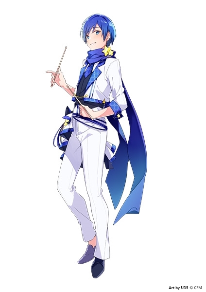 1boy artist_name black_footwear blue_eyes blue_hair blue_necktie blue_scarf copyright_notice cropped_jacket drumsticks full_body grin holding holding_drumsticks jacket kaito_(vocaloid) male_focus necktie official_art pants scarf simple_background smile solo standing star_(symbol) tachi-e teeth u35 vocaloid white_background white_jacket white_pants