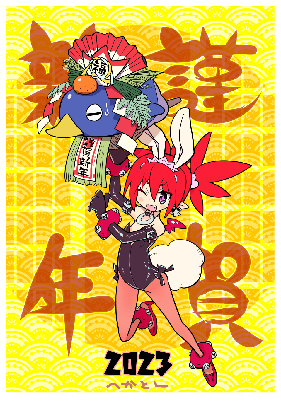 1girl 2023 animal_ears chinese_zodiac commentary_request disgaea elbow_gloves etna_(disgaea) fang flat_chest gloves happy_new_year hekaton highres leotard looking_at_viewer nengajou new_year one_eye_closed open_mouth pantyhose pink_eyes playboy_bunny pointy_ears prinny rabbit_ears red_hair smile solo year_of_the_rabbit