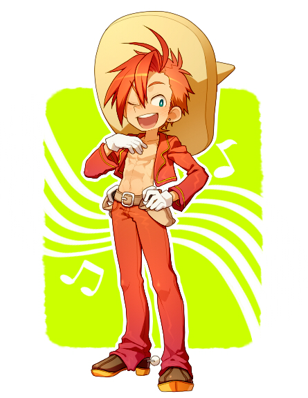 1boy abs border earrings full_body gloves hat humanization jacket jewelry kiri_futoshi male_focus mexican_clothes musical_note no_nipples one_eye_closed open_mouth panchito_pistoles pants pectorals red_hair red_jacket red_pants short_hair solo sombrero spurs the_three_caballeros toned toned_male white_border white_gloves