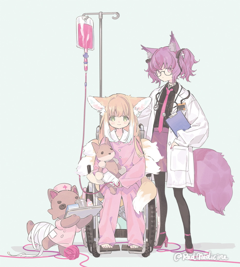 2girls alternate_costume animal_ear_fluff animal_ears arknights artist_name bandaged_hand bandages barefoot bespectacled black_pantyhose black_ribbon black_shirt blonde_hair clipboard closed_mouth coat collared_shirt colored_tips dress_shirt fingernails fox_ears fox_girl fox_tail full_body glasses green_eyes grey_background hair_down hair_ribbon hand_in_pocket hat high_heels holding holding_clipboard holding_stuffed_toy intravenous_drip iv_stand kitsune kyuubi lab_coat long_fingernails long_hair long_sleeves looking_at_viewer morte_(arknights) multicolored_hair multiple_girls multiple_tails nail_polish necktie nurse nurse_cap official_alternate_costume open_clothes open_coat pajamas pants pantyhose pink_necktie pink_pants pink_shirt puffy_long_sleeves puffy_sleeves purple_eyes purple_hair purple_nails purple_shoes purple_skirt red_medicine ribbon shamare_(arknights) shirt shoes short_hair simple_background sitting skirt smile standing stethoscope stuffed_fox stuffed_toy stuffed_wolf suzuran_(arknights) suzuran_(pajamas)_(arknights) tail toes twintails twitter_username two-tone_hair wheelchair white_background white_coat white_hair yarn yarn_ball
