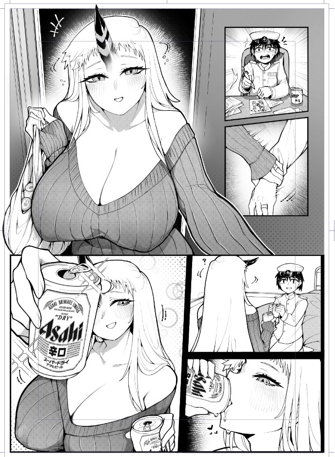 1boy 1girl abyssal_ship admiral_(kancolle) alcohol asahi_breweries bare_shoulders beer blush breasts can carrying_bag cleavage collarbone comic covered_erect_nipples cup drawing drinking epaulettes hanging_breasts happy hat heart holding holding_another&#039;s_wrist holding_can horns huge_breasts husband_and_wife jewelry kantai_collection laughing long_hair long_sleeves looking_at_another military military_uniform monochrome mug naval_uniform peaked_cap ribbed_sweater ring seaport_princess seiza sidelocks simple_background single_horn sitting smile sparkle sweater tipsy uni_(oni_unicorn) very_long_hair wedding_ring white_background