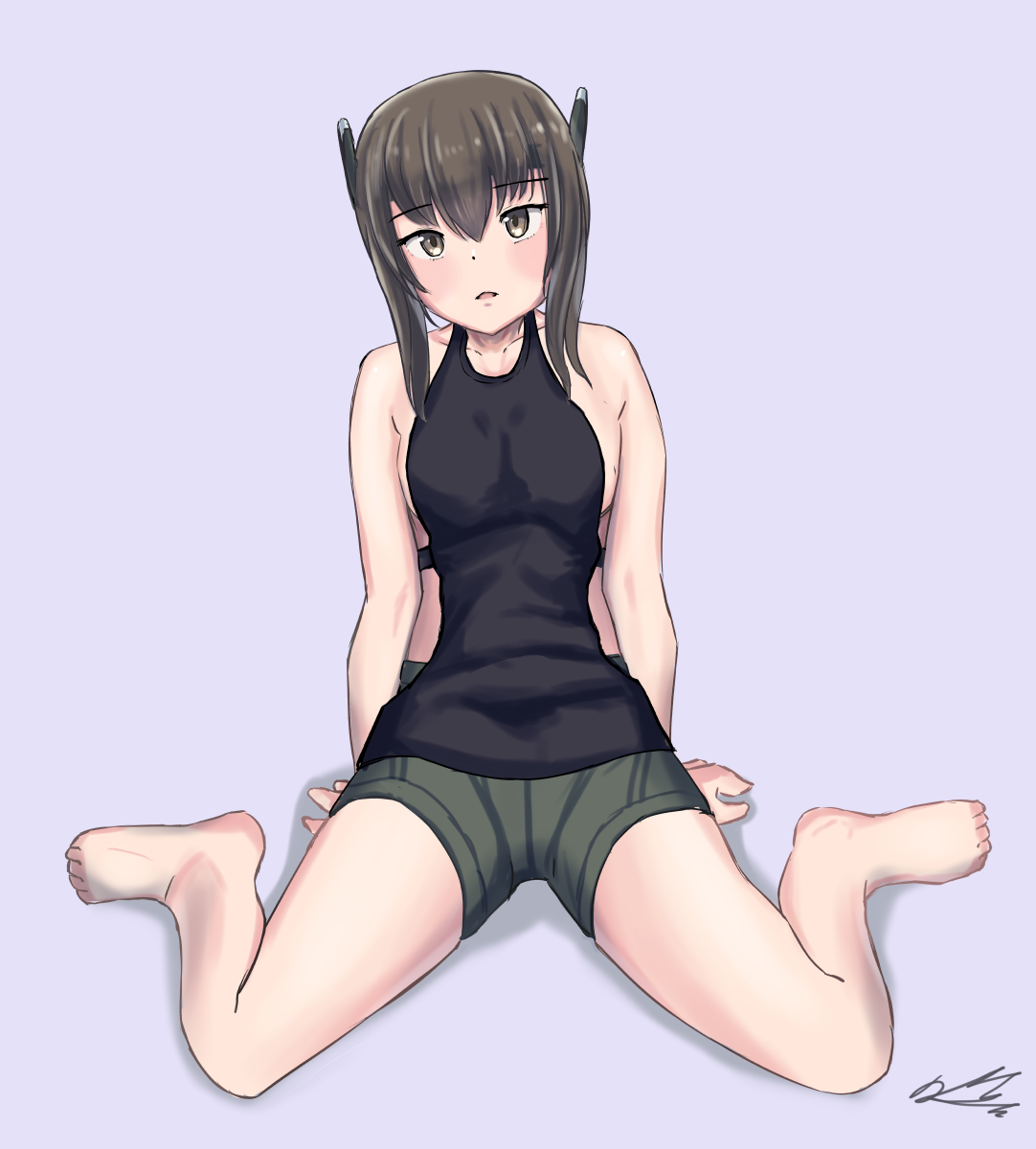 1girl alternate_costume bare_shoulders barefoot black_tank_top brown_eyes brown_hair casual full_body green_shorts grey_background hair_between_eyes headgear highres kantai_collection looking_at_viewer shorts simple_background sitting sleeveless solo taihou_(kancolle) tanasiso tank_top wariza