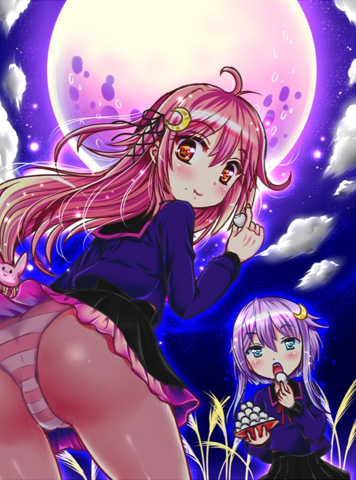 2girls ahoge ass black_sailor_collar black_skirt blue_eyes blue_shirt cloud crescent crescent_hair_ornament dango eating food from_below full_moon grass hair_ornament izumi_shara kantai_collection long_hair low-tied_long_hair moon multiple_girls night night_sky panties pink_hair pink_panties pleated_skirt purple_hair rabbit_hair_ornament red_eyes sailor_collar sailor_shirt shirt short_hair_with_long_locks skirt sky striped_clothes striped_panties susuki_grass tsukimi_dango underwear uzuki_(kancolle) wagashi yayoi_(kancolle)