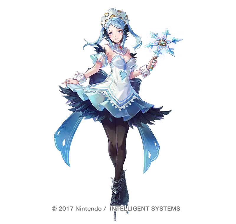 1girl aqua_eyes bare_shoulders black_feathers black_pantyhose blue_eyes breasts cleavage clothes_lift dress dress_lift feather_trim feathers fire_emblem fire_emblem_fates fire_emblem_heroes flora_(fire_emblem) flora_(ice)_(fire_emblem) full_body ice_skates kyusoukyu looking_at_viewer medium_breasts nintendo official_alternate_costume official_art pantyhose skates smile solo tachi-e twintails white_background white_dress