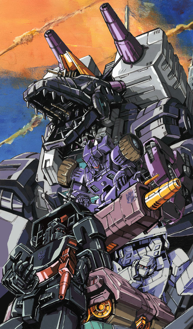 1980s_(style) 3boys brunt_(transformers) cannon crossed_legs decepticon dinosaur full-tilt_(transformers) gun hand_on_own_face holding holding_gun holding_weapon insignia marble-v mecha military_vehicle monster motor_vehicle multiple_boys non-humanoid_robot oldschool open_mouth red_eyes retro_artstyle robot robot_animal runabout runamuck sharp_teeth sky tank teeth transformers trypticon unused_tire weapon wheel