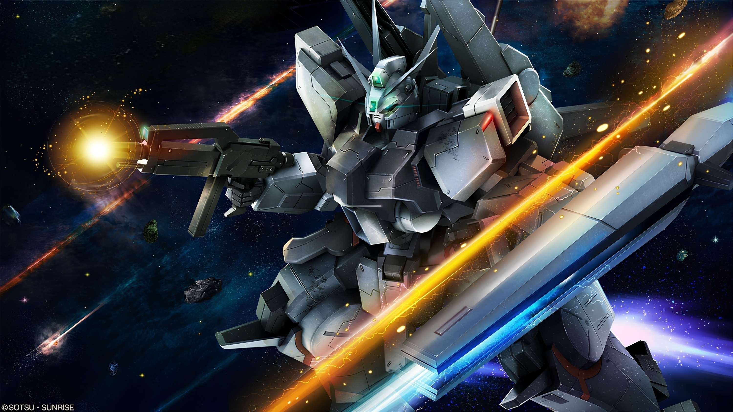 asteroid battle beam_cannon beam_rifle company_name copyright_notice energy energy_beam energy_gun firing glowing gundam gundam_battle_operation_2 gundam_msv gundam_unicorn highres holding holding_weapon machinery mecha mecha_focus mobile_suit no_humans official_art painting_(medium) realistic robot scan science_fiction silver_bullet_(mobile_suit) silver_bullet_funnel_test_type solo space sunrise_(company) tenjin_hidetaka traditional_media weapon zero_gravity