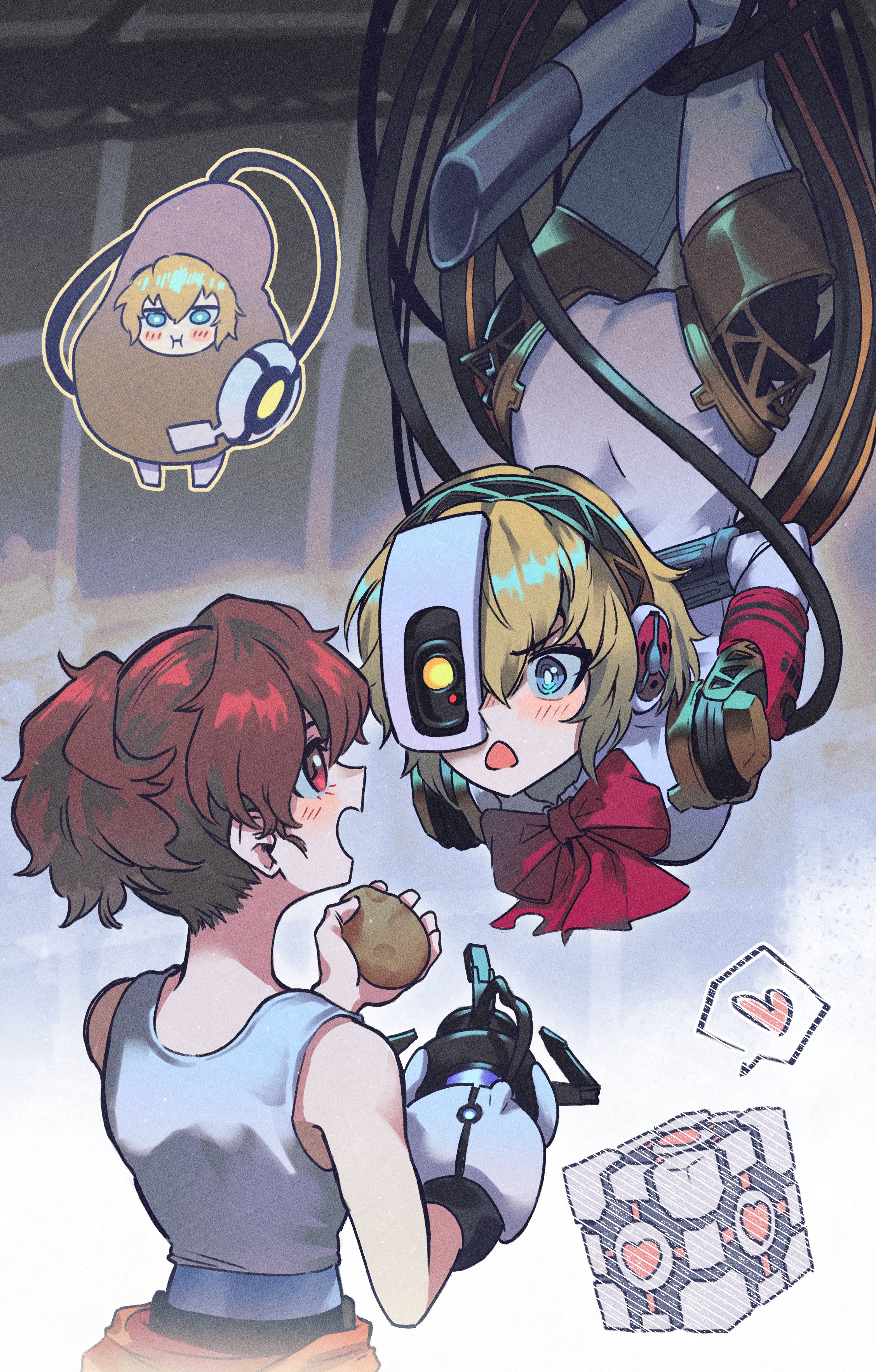 2girls :i absurdres aigis_(persona) andrich_galam android aperture_science_handheld_portal_device aperture_science_weighted_companion_cube arms_behind_back blonde_hair blue_eyes blush bow bowtie brown_hair chell chell_(cosplay) chestnut_mouth commentary cosplay deformed english_commentary food from_behind glados glados_(cosplay) hands_up hanging headphones heart highres holding holding_food indoors joints jumpsuit jumpsuit_around_waist looking_at_another medium_hair multiple_girls multiple_views open_mouth orange_jumpsuit persona persona_3 persona_3_portable ponytail portal portal_(series) portal_2 potato pout red_bow red_bowtie red_eyes red_hair robot_joints shiomi_kotone shirt short_hair sleeveless sleeveless_shirt spoken_heart standing triangle_mouth upside-down white_shirt