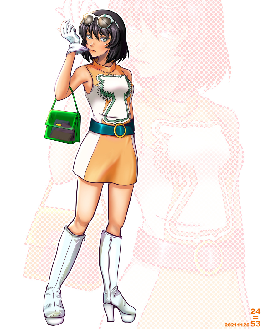 1girl animal_print artist_logo bag belt black_belt black_hair bob_cut boots carrying casual commentary dark-skinned_female dark_skin dated elbow_carry eyewear_on_head full_body girls_und_panzer glove_pull gloves green-framed_eyewear green_eyes handbag high_heel_boots high_heels hoshino_(girls_und_panzer) knee_boots leopon_(animal) logo looking_at_viewer miniskirt mouth_hold nishi_itsumi orange_shirt orange_skirt shirt short_hair skirt sleeveless sleeveless_shirt solo standing sunglasses white_boots white_gloves zoom_layer