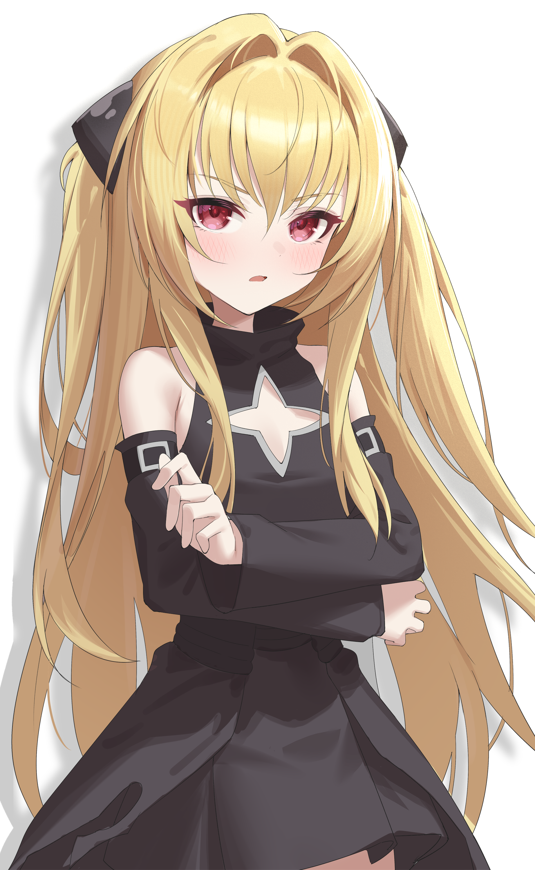 1girl above_cleavage_cutout absurdres black_dress black_sleeves blonde_hair blush breasts clothing_cutout commentary cowboy_shot detached_sleeves dress hair_between_eyes hair_intakes highres jei_(user_tckk7448) konjiki_no_yami long_hair long_sleeves looking_at_viewer parted_lips red_eyes simple_background sleeveless sleeveless_dress small_breasts solo star_cutout to_love-ru very_long_hair white_background