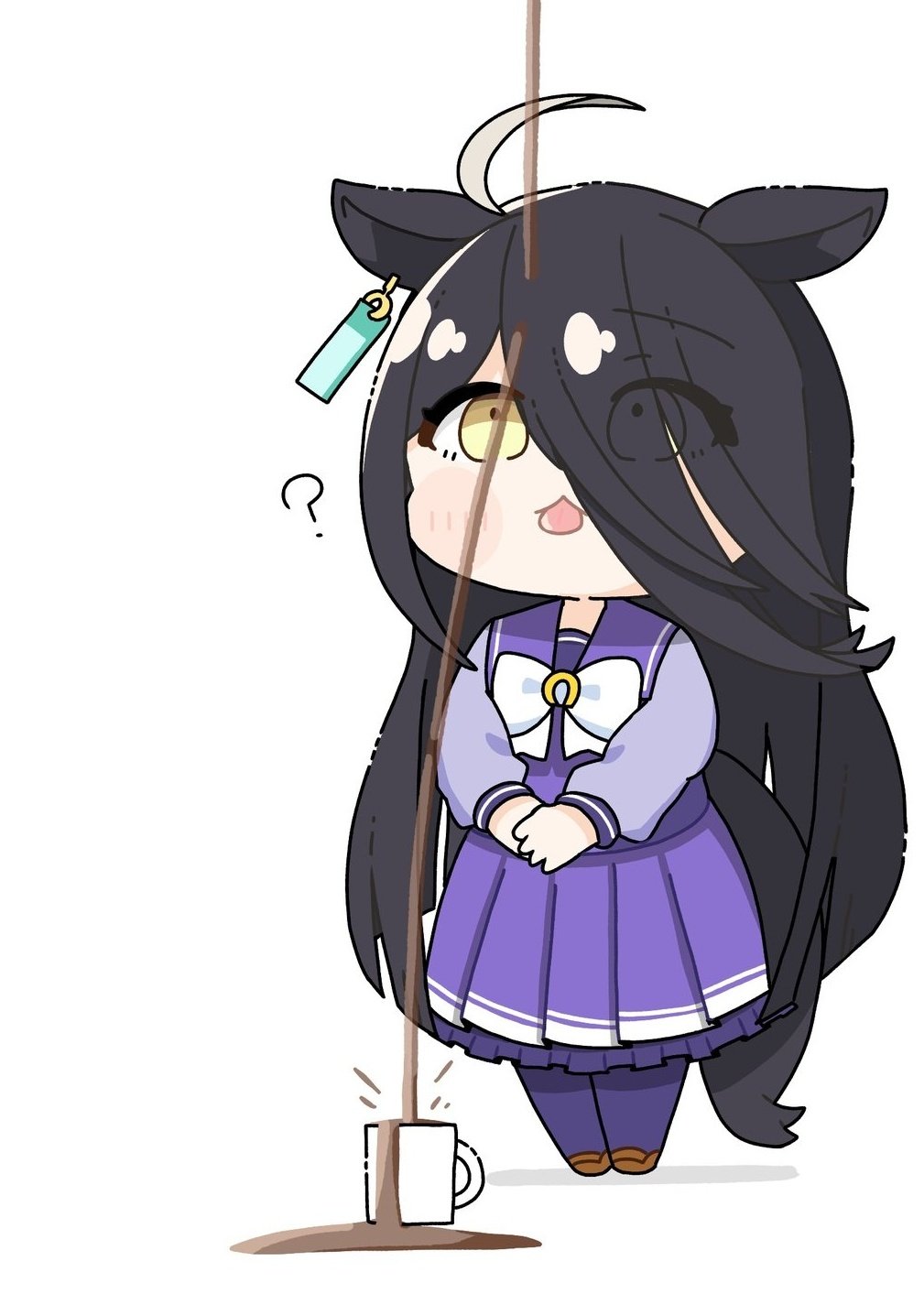 1girl ? animal_ears blush_stickers bow bowtie brown_footwear chibi cup ear_tag full_body hair_between_eyes hashtag-only_commentary highres horse_ears horse_girl horse_tail long_hair long_hair_between_eyes long_sleeves looking_up manhattan_cafe_(umamusume) mug multicolored_hair open_mouth overflowing own_hands_together pouring purple_sailor_collar purple_shirt purple_skirt sailor_collar school_uniform shirt simple_background skirt solo standing streaked_hair tail temu_(kobaeihuk) tracen_school_uniform umamusume white_background white_bow white_bowtie white_hair yellow_eyes