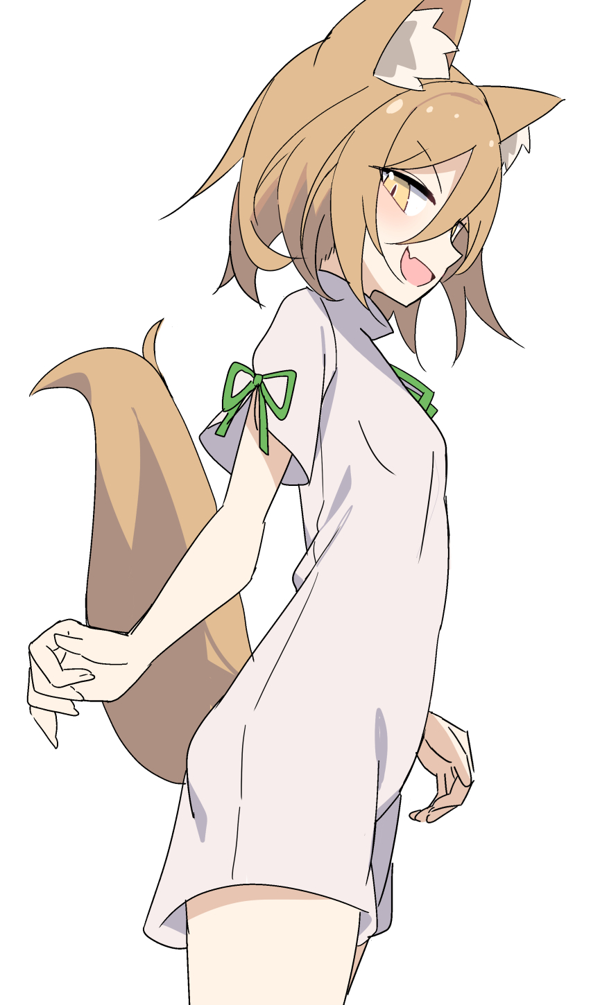 1girl animal_ear_fluff animal_ears blonde_hair e.o. fingernails fox_ears fox_girl fox_tail from_side green_ribbon hair_between_eyes highres kudamaki_tsukasa looking_at_viewer open_mouth ribbon romper short_hair short_sleeves simple_background smile solo standing tail touhou white_background white_romper yellow_eyes