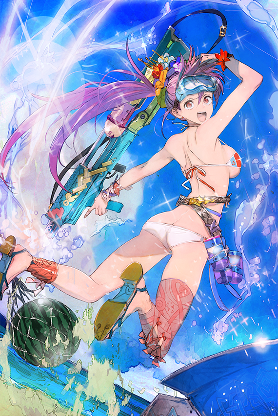 1girl armband beach bikini breasts chain_chronicle character_request cloud diving_mask food fruit goggles jumping ocean open_mouth purple_hair red_eyes sand sandals smile solo swimsuit toi8 watermelon