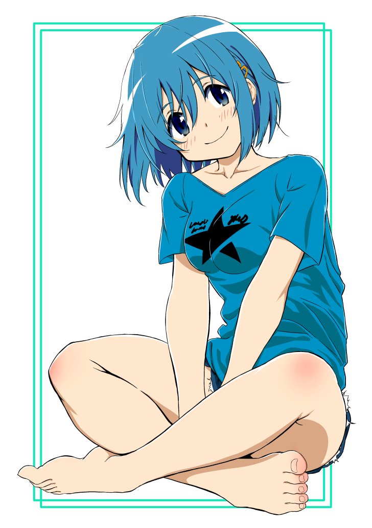 1girl alternate_costume blue_eyes blue_hair blue_shirt border crossed_legs denim denim_shorts full_body hakase_yurisuki head_tilt looking_at_viewer mahou_shoujo_madoka_magica mahou_shoujo_madoka_magica_(anime) miki_sayaka outside_border shirt short_hair shorts simple_background sitting smile solo star_(symbol) star_print white_background