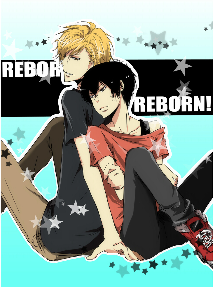 2boys back-to-back black_hair black_pants black_shirt blonde_hair brown_eyes dino dino_cavallone hibari_kyouya katekyo_hitman_reborn! male_focus multiple_boys pants red_footwear shirt shoes sitting star_(symbol) text_focus