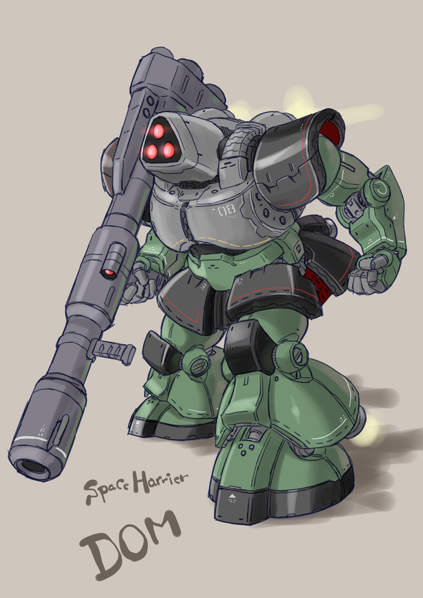 1980s_(style) bazooka_(gundam) character_name clenched_hand commentary commentary_request copyright_name crossover dom_(mobile_suit) gameplay_mechanics glowing glowing_eyes gundam highres katahira_masashi machinery mecha mobile_force_gangaru mobile_suit_gundam oldschool parody retro_artstyle robot science_fiction sega sensor shadow simple_background sketch solo space_harrier style_parody thrusters video_game