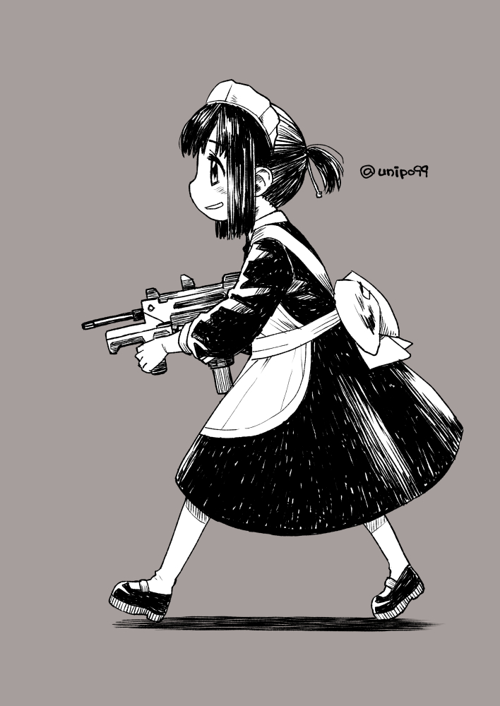 1girl alternate_costume apron daitou_(kancolle) dress enmaided from_side grey_background greyscale gun harukaze_unipo holding holding_gun holding_weapon kantai_collection machine_pistol maid maid_day minebea_pm-9 monochrome open_mouth ponytail profile short_ponytail sidelocks simple_background solo submachine_gun twitter_username walking weapon