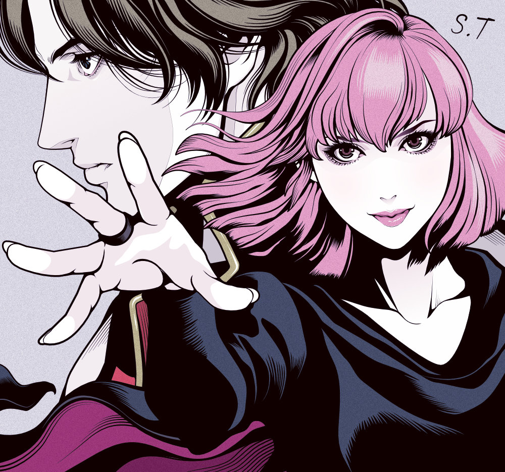1boy 1girl blue_eyes closed_mouth collarbone commentary_request eyelashes eyeshadow from_side grey_background grey_hair gundam hair_between_eyes haman_karn jewelry limited_palette long_sleeves looking_at_viewer makeup medium_hair pale_skin pink_eyes pink_eyeshadow pink_hair pink_lips profile quattro_bajeena reaching reaching_towards_viewer ring short_hair signature smile spot_color takanashi_shin upper_body zeta_gundam
