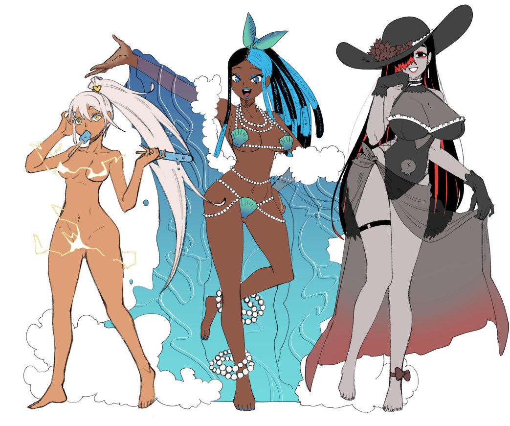 3girls ankle_bow ankle_ribbon anklet arm_up bare_shoulders barefoot belly_chain bikini black_gloves black_hair black_hat black_one-piece_swimsuit blue_eyes blue_eyeshadow blue_lips blue_nails blue_shawl bow breasts clothes_lift clothing_cutout colored_eyelashes colored_skin dark-skinned_female dark_skin earrings electricity energy_clothes eyeshadow flower food food_in_mouth frilled_shirt_collar frills full_body furrowed_brow genderswap genderswap_(mtf) gloves gradient_clothes gradient_sarong gradient_skirt greek_mythology grey_sarong grey_skin grin hades_(mythology) hair_ornament hair_over_one_eye hand_in_own_hair hand_on_own_hip hand_up hands_up hat hat_flower heart heart_hair_ornament high_ponytail holding holding_food holding_popsicle jewelry large_breasts light-skinned_palms lipstick liquid_clothes makeup medium_breasts melting_popsicle mole mole_on_breast multicolored_hair multiple_anklets multiple_girls multiple_moles multiple_necklaces nail_polish navel navel_cutout necklace one-piece_swimsuit open_mouth original outstretched_hand parted_lips pearl_anklet pearl_necklace ponytail popsicle popsicle_in_mouth poseidon_(mythology) red_eyeshadow red_hair red_lips red_sarong revealing_clothes ribbon sarong sarong_lift seashell see-through_cleavage see-through_clothes see-through_sarong shawl shell shell_bikini siblings side_cutout sisters skirt smile standing standing_on_one_leg sun_hat swimsuit teeth thigh_strap toenail_polish toenails two-tone_hair upper_teeth_only very_dark_skin wanderjegson water white_hair yellow_eyes zeus_(mythology)