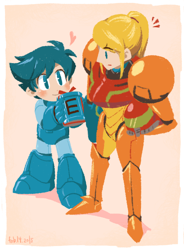 1boy 1girl arm_cannon armor capcom crossover e-tank hakusoto helmet mega_man_(character) mega_man_(classic) mega_man_(series) metroid nintendo power_suit_(metroid) samus_aran super_smash_bros. varia_suit weapon