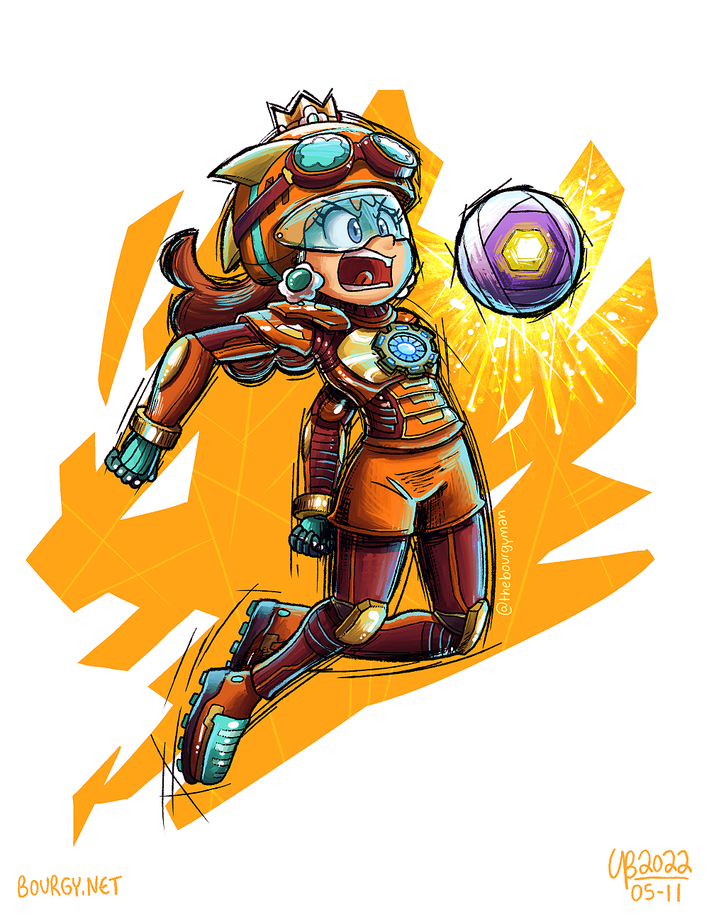 1girl angry ball blue_eyes brown_hair crown earrings flower_earrings full_body gloves highres jewelry jumping mario_(series) mario_strikers:_battle_league mario_strikers_(series) nintendo open_mouth ponytail princess_daisy shorts soccer soccer_ball soccer_uniform sportswear super_mario_land thebourgyman tomboy