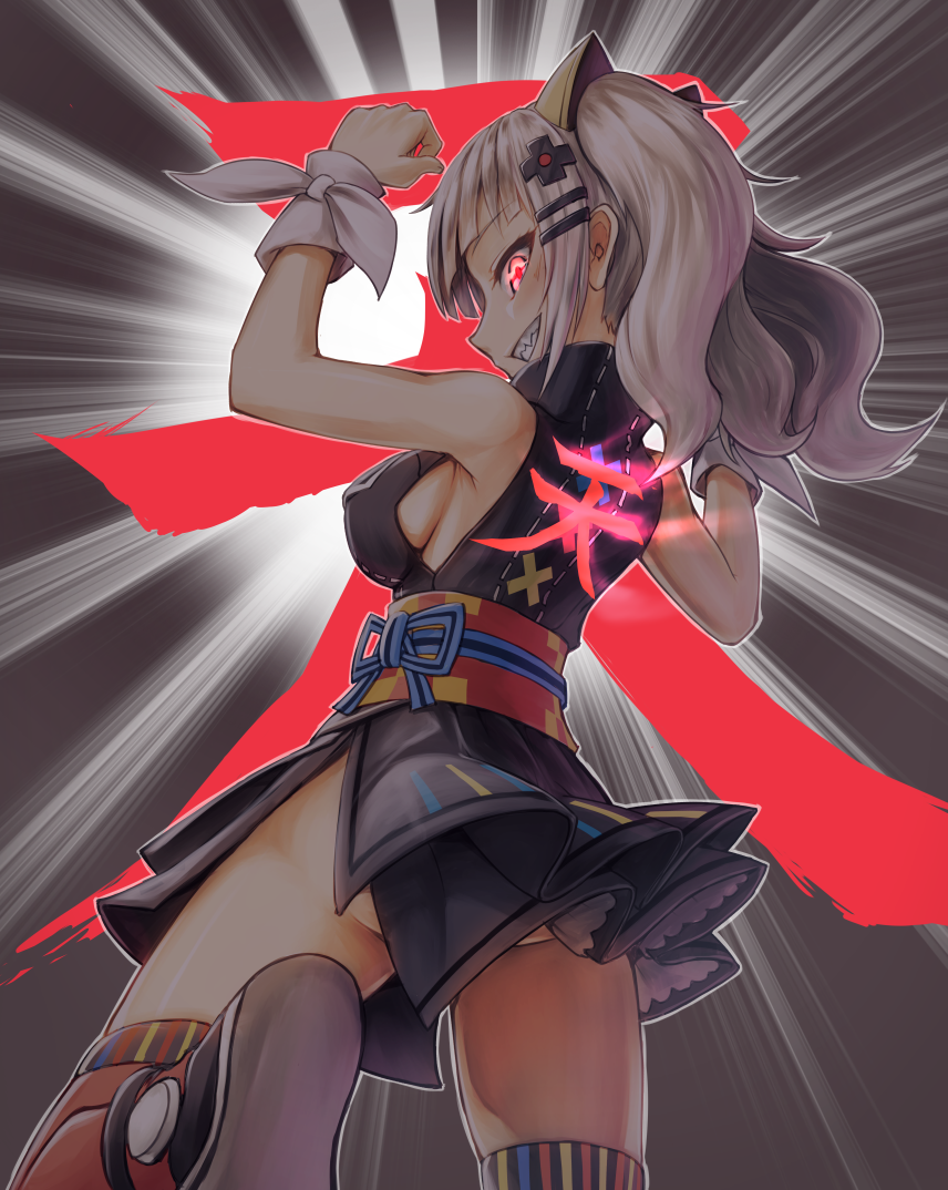 1girl alternate_eye_color bare_shoulders black_dress breasts dress eyebrows eyelashes facing_away female_focus fingernails from_behind grin hair_ornament hairclip iroia japanese_text kaguya_luna long_hair looking_back medium_breasts multicolored_background no_bra obi over-kneehighs parody purple_eyes red_eyes red_thighhighs ribbon sash sharp_teeth short_dress shun_goku_satsu side_slit sideboob sideways_mouth silver_hair sleeveless sleeveless_dress smile solo street_fighter striped_ribbon teeth the_moon_studio thighhighs tsurime turtleneck twintails vertical_stripes virtual_youtuber white_ribbon wrist_ribbon wristband x_hair_ornament zettai_ryouiki