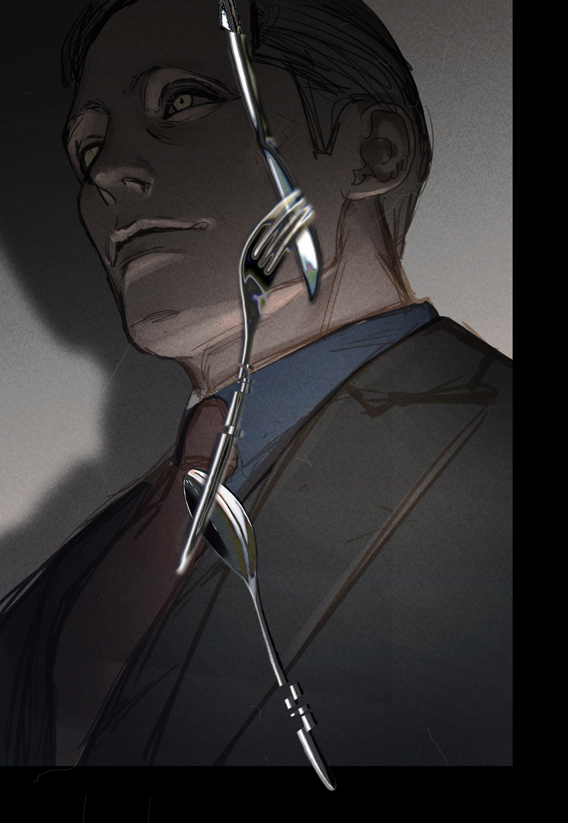 1boy absurdres black_jacket blue_shirt character_request closed_mouth copyright_name copyright_request fork hannibal_(tv_series) hayakuinnitte highres jacket knife male_focus necktie red_necktie shadow shirt short_hair smile solo spoon upper_body yellow_eyes