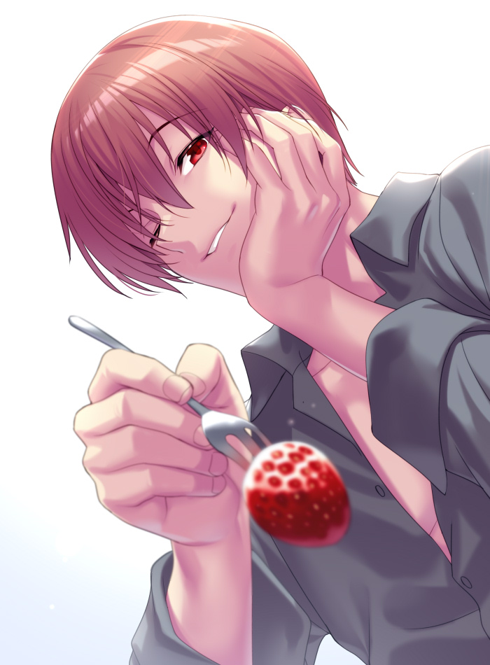1boy brown_hair collared_shirt food fork fruit grey_shirt hand_on_own_face head_rest holding holding_fork little_busters! looking_at_viewer natsume_kyousuke one_eye_closed partially_unbuttoned red_eyes shirt simple_background smile solo strawberry zen_(kamuro)