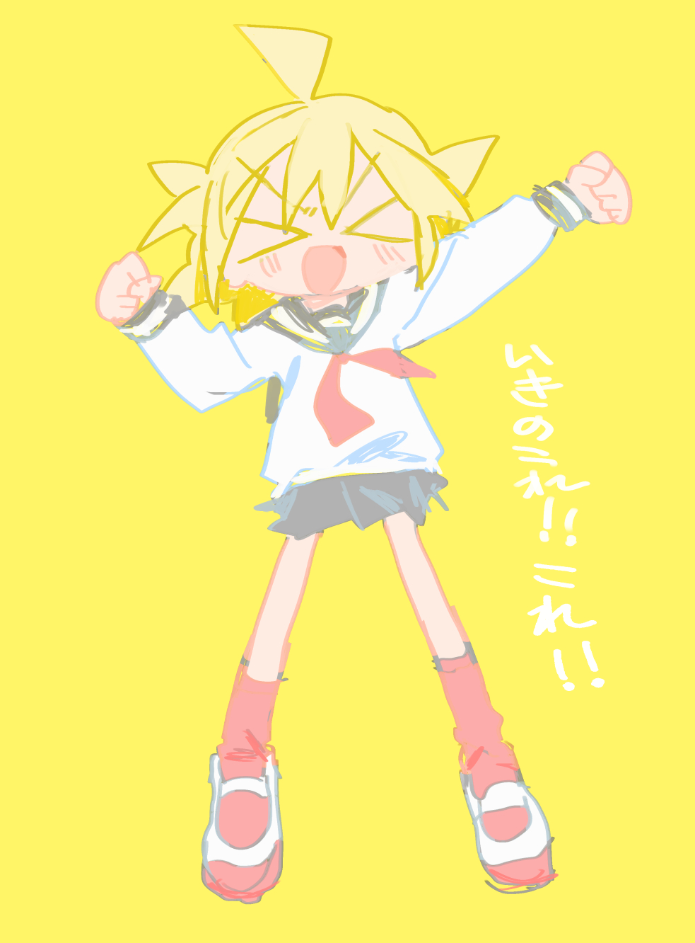 &gt;_&lt; ahoge arm_up black_sailor_collar black_skirt blonde_hair blush clenched_hands excited full_body highres kneehighs kokaki_mumose legs_apart long_sleeves neckerchief null-meta open_mouth raised_fist red_neckerchief red_socks sailor_collar school_uniform serafuku shirt shoes short_hair simple_background skirt smile socks translation_request uozumi_kurumi uwabaki v-shaped_eyebrows white_shirt yellow_background