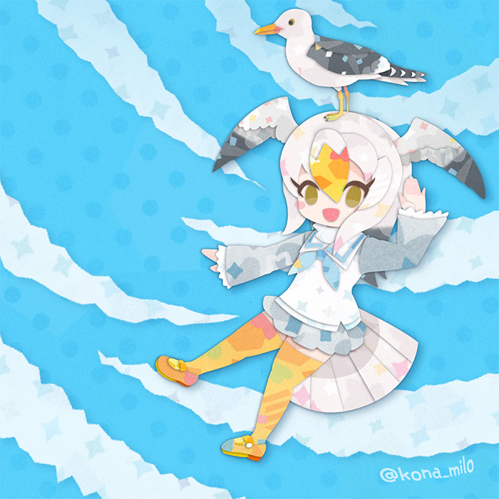 1girl animal bird_girl bird_tail bird_wings blue_sky common_gull_(kemono_friends) feathered_wings full_body grey_hair head_wings kemono_friends kikuchi_milo long_hair looking_at_viewer sailor_collar shirt shoes skirt sky tail thighhighs wings yellow_eyes