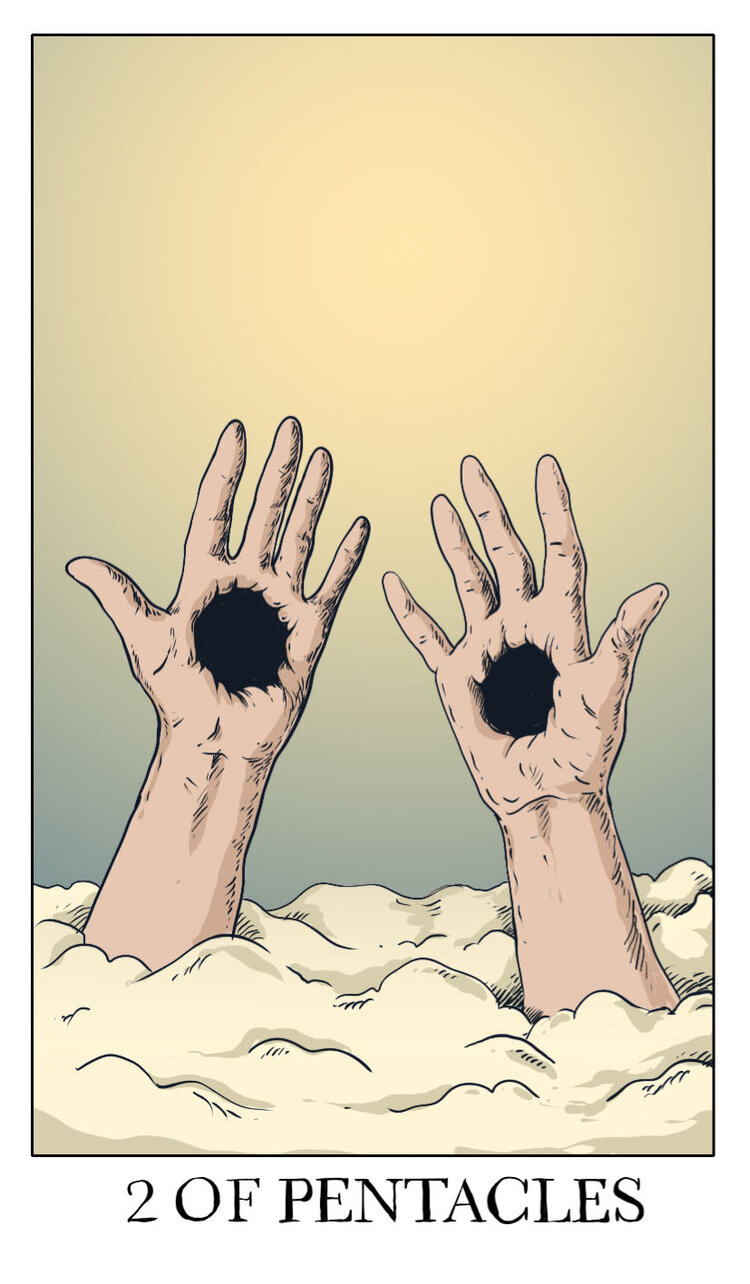 above_clouds analogous_colors body_horror border card_(medium) cloud cloudy_sky english_text gradient_background gradient_sky green_background green_sky green_theme hand_focus highres hole_in_hand hole_on_body horror_(theme) jessica_hayworth minor_arcana_(tarot) outdoors scenery sky solo surreal tarot tarot_(medium) trypophobia welcome_to_night_vale white_border yellow_background yellow_clouds yellow_sky