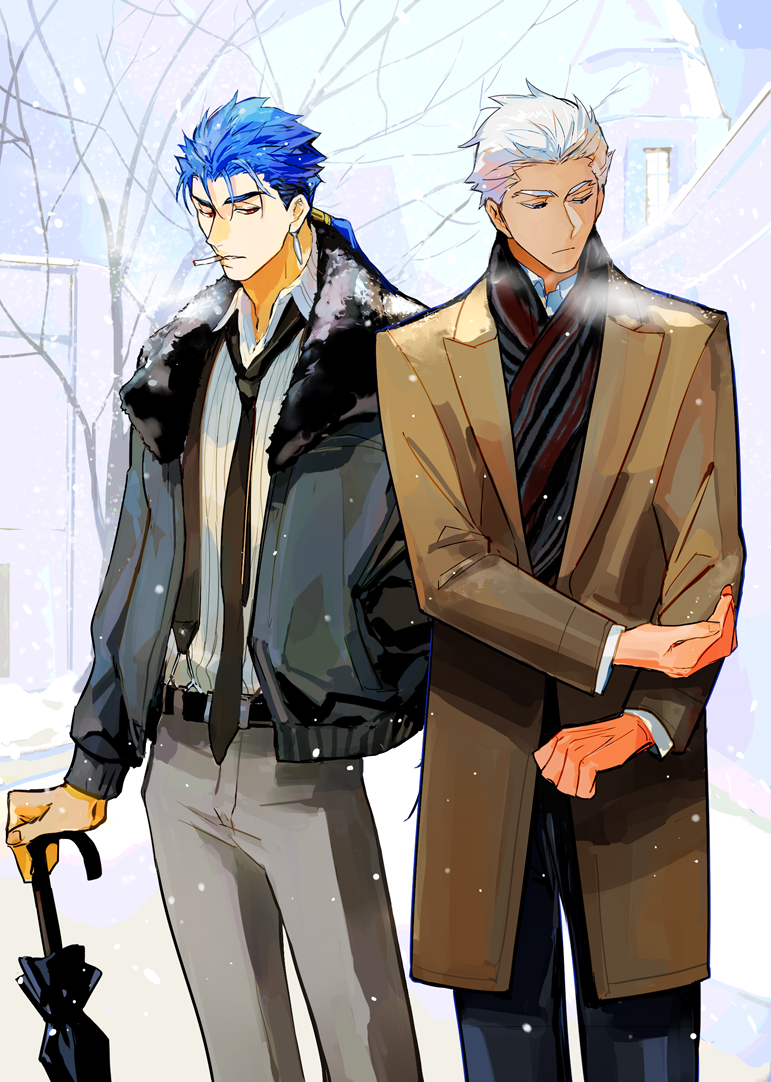 2boys archer_(fate) bare_tree black_jacket black_necktie black_pants blue_hair brown_coat cigarette closed_mouth closed_umbrella coat crimo cu_chulainn_(fate) earrings fate/stay_night fate_(series) grey_pants hand_in_pocket jacket jewelry long_hair long_sleeves male_focus mouth_hold multiple_boys necktie outdoors pants ponytail tree umbrella white_hair winter
