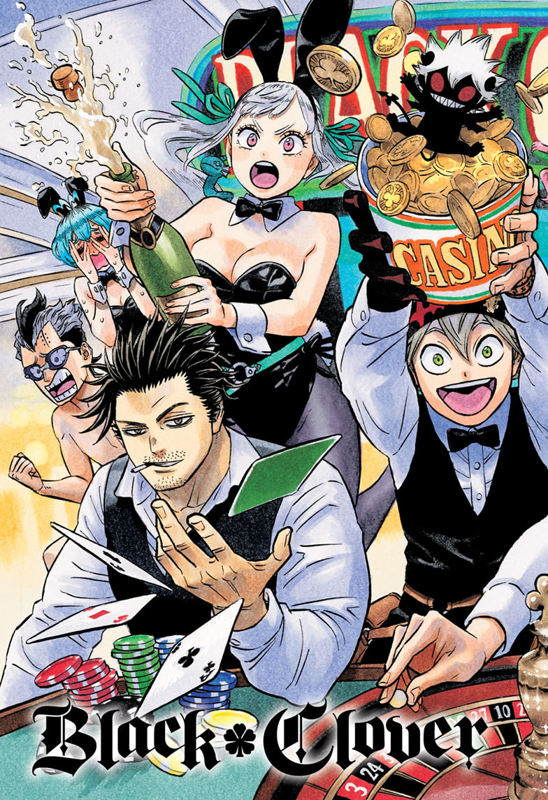 2girls 4boys asta_(black_clover) black_clover casino grey_(black_clover) liebe_(black_clover) multiple_boys multiple_girls noelle_silva official_art rabbit source_request text_focus translation_request yami_sukehiro