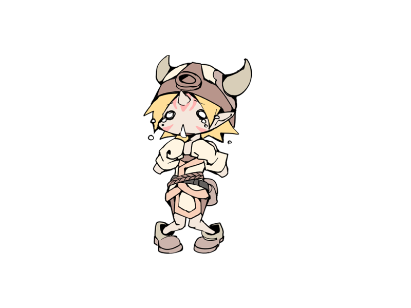 1girl belt belt_pouch black_belt bmp-to-png_conversion brown_bag brown_headwear brown_shoes chibi crying crying_with_eyes_open facial_mark fake_horns flying_teardrops frfr full_body game_cg gloves gob_(mon-musu_quest!) hands_up helmet horned_helmet horns knees_together_feet_apart mon-musu_quest! non-web_source o_o open_mouth pale_skin pointy_ears pouch shoes simple_background single_horn solo standing tears transparent_background triangle_mouth tunic white_gloves white_tunic