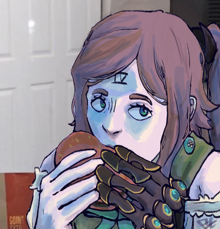 1girl artist_request brown_hair burger drag-on_dragoon drag-on_dragoon_3 earrings facial_mark food forehead_mark four_(drag-on_dragoon) gloves green_eyes holding holding_burger holding_food jerma985_eating_a_whopper_(meme) jewelry meme non-web_source roman_numeral source_request