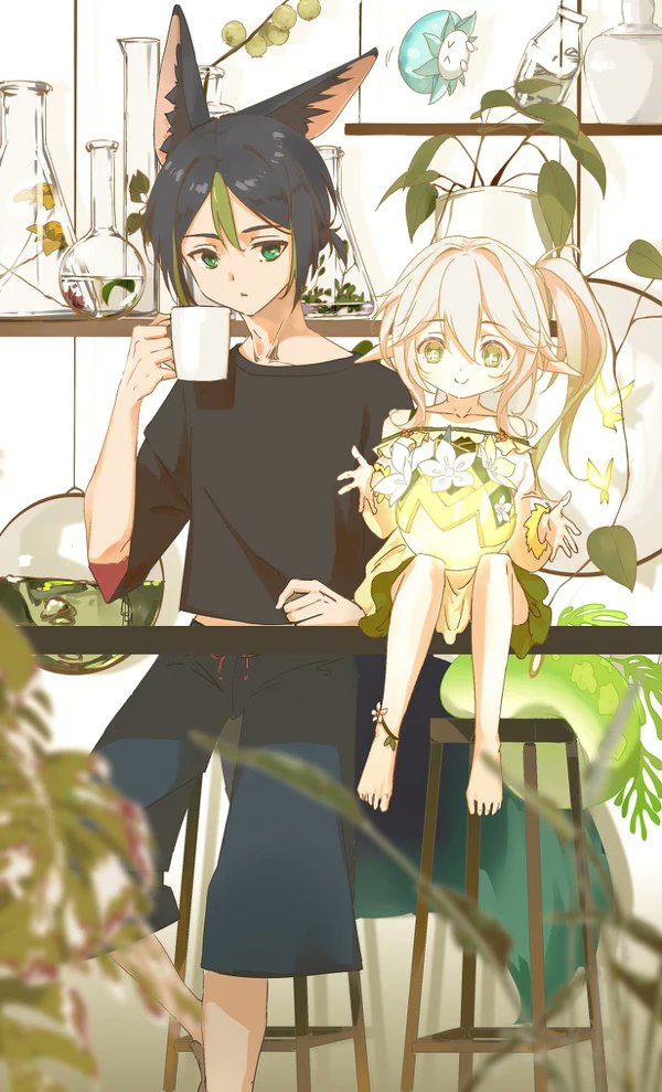 &gt;_&lt; 1boy 1girl alternate_costume black_hair black_shirt blue_pants chair chemistry_set cup daily_nahida drinking_glass flower fungi_(genshin_impact) genshin_impact green_eyes nahida_(genshin_impact) pants plant pointy_ears potted_plant shirt side_ponytail slime_(genshin_impact) table tail tighnari_(genshin_impact) white_hair white_shirt