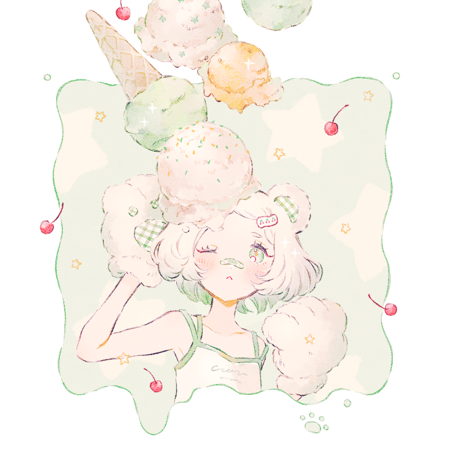 1girl animal_ears animal_hands bandaid bandaid_on_face bandaid_on_nose bear_ears border cherry commentary_request multiple_scoops food fruit gloves green_background green_eyes hair_ornament hairclip hands_up ice_cream ice_cream_cone ice_cream_cone_spill light_blush one_eye_closed original paw_gloves paw_print ryokuno_green solo sparkle spilling star_(symbol) tank_top upper_body white_border white_hair