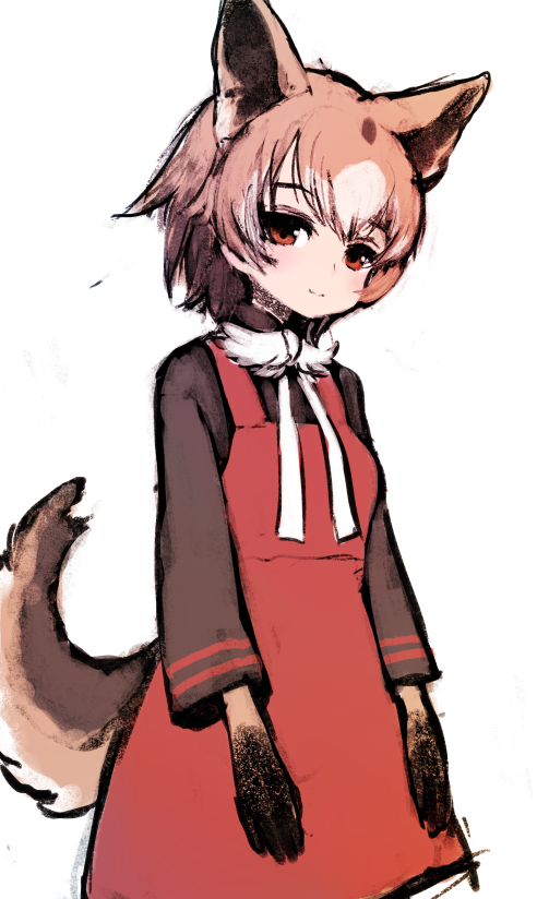 1girl animal_ears black_skirt bow bowtie brown_hair dog_ears dog_girl dog_tail dress extra_ears ise_(0425) kemono_friends looking_at_viewer new_guinea_highland_wild_dog_(kemono_friends) red_dress red_eyes shirt short_hair simple_background skirt solo tail white_bow white_bowtie