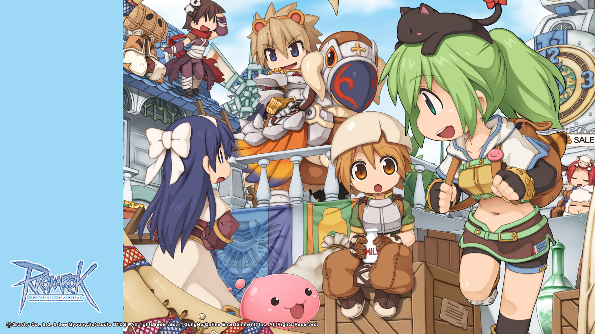 3boys 4girls :3 :o acolyte_(ragnarok_online) alchemist_(ragnarok_online) amistr_(ragnarok_online) animal animal_on_head armor assassin_(ragnarok_online) bandages bandages_over_clothes banner barding bird black_footwear black_gloves black_hat black_shorts black_socks blue_cape blue_eyes blue_sky boots bottle bow box breastplate breasts brown_capelet brown_eyes brown_footwear brown_gloves brown_hair brown_pants brown_shirt brown_skirt cape capelet cat cat_on_head chest_guard clock clock_tower cloud copyright_notice crop_top cropped_jacket eggshell_hat elbow_gloves fingerless_gloves foot_out_of_frame full_body gloves green_eyes green_hair green_shirt hair_bow hairband hat high_ponytail highres hunter_(ragnarok_online) in-universe_location jacket logo long_hair long_sleeves looking_at_another looking_to_the_side mage_(ragnarok_online) medium_breasts midriff milk_bottle miniskirt multiple_boys multiple_girls navel novice_(ragnarok_online) official_art official_wallpaper on_head open_mouth paladin_(ragnarok_online) pants pauldrons peco_peco ponytail poring purple_cape purple_pants purple_shirt ragnarok_online red_hair red_scarf scarf sheep shirt shoes short_hair short_shorts short_sleeves shorts shorts_under_skirt shoulder_armor sitting skirt sky sleeveless sleeveless_shirt slime_(creature) smile socks standing torn_cape torn_clothes torn_scarf tower v-shaped_eyebrows waist_cape white_bow white_cape white_capelet white_hairband white_jacket white_skirt wooden_box yuichirou