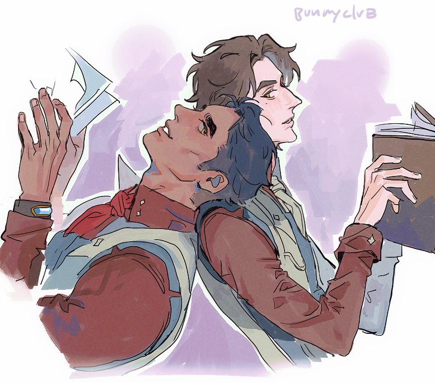 2boys arcane:_league_of_legends arcane_jayce ascot back-to-back book brown_hair brown_shirt bunnyclvb cropped_torso curtained_hair dark-skinned_male dark_skin head_back head_on_another&#039;s_shoulder holding holding_book holding_paper jayce_(league_of_legends) layered_sleeves league_of_legends long_sleeves looking_at_another looking_back male_focus multiple_boys paper parted_lips pointy_nose red_ascot shirt short_hair sideburns smile thick_eyebrows twitter_username vest viktor_(arcane) viktor_(league_of_legends) white_vest yaoi yellow_eyes