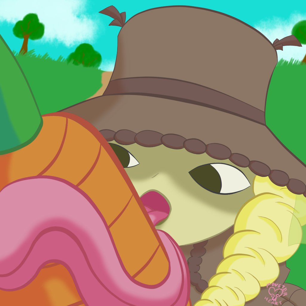 1girl black_eyes blonde_hair brown_capelet brown_dress brown_hat capelet carrot chibi commentary day dress english_commentary hat heart long_hair long_tongue melk_(mon-musu_quest!) mon-musu_quest! monster_girl open_mouth potartz shaded_face slug_girl solo tongue tongue_out tree veil very_long_tongue