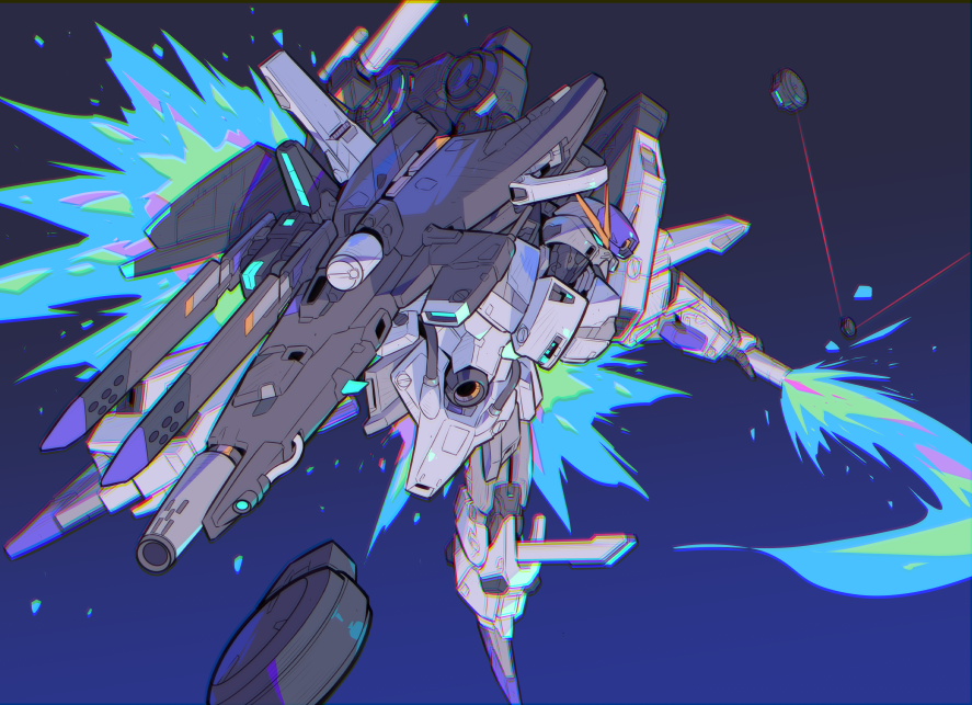 energy_sword blue_background commentary energy_gun energy_sword energy_weapon fazz_(gundam) flying gradient_background green_eyes gun gundam gundam_sentinel holding holding_gun holding_weapon mecha mk-5 mobile_suit no_humans robot science_fiction simple_background solo sword v-fin weapon