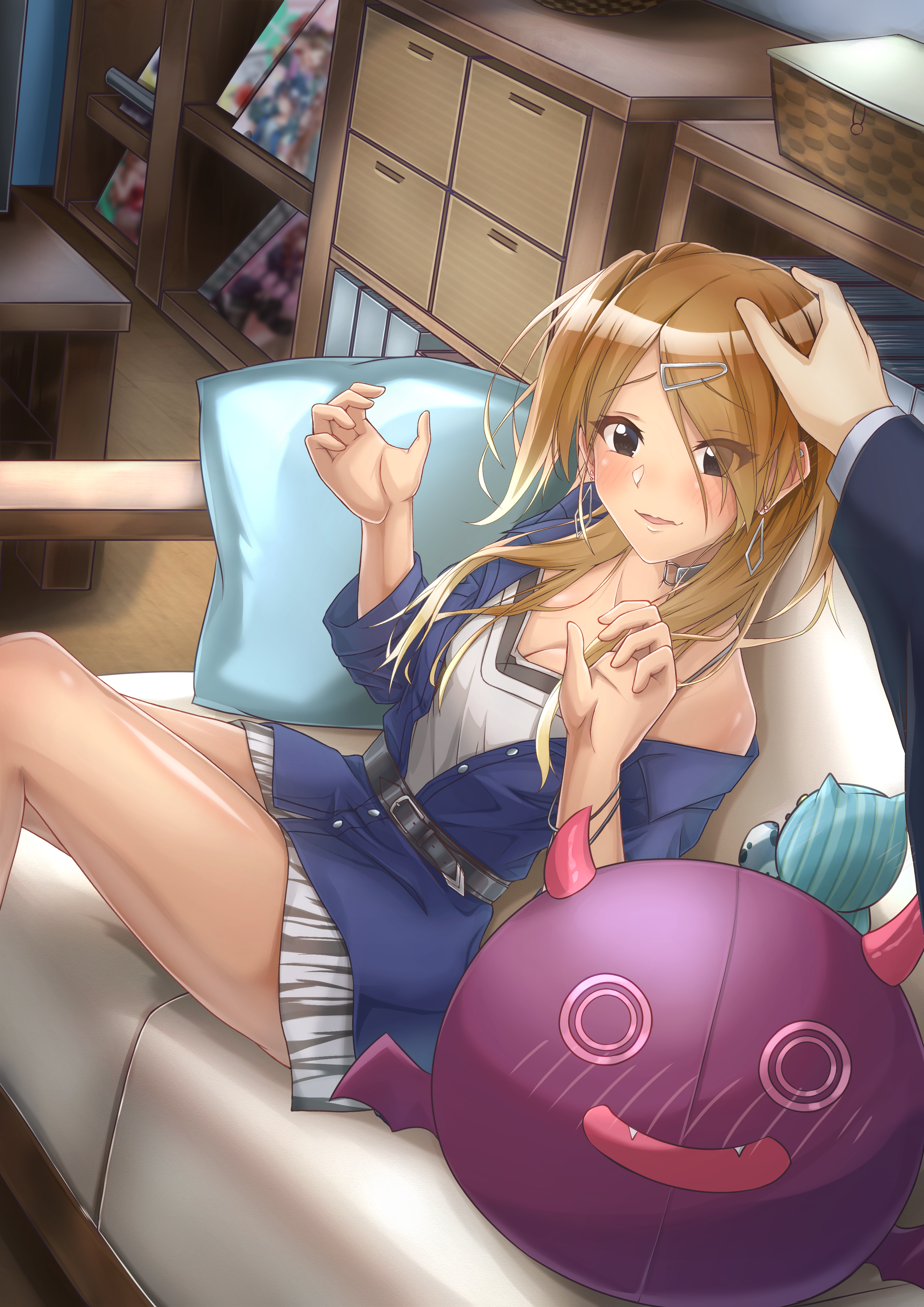 1boy 1girl absurdres animal_print bare_legs belt black_eyes blonde_hair blush breasts brown_hair choker cleavage couch earrings gradient_hair gyaru hair_ornament hairclip headpat highres idolmaster idolmaster_shiny_colors izumi_mei jacket jewelry kagin_(kagou_shita_nanika) large_breasts long_hair miniskirt multicolored_hair off_shoulder office pillow producer_(idolmaster) sitting skirt tan thighs zebra_print