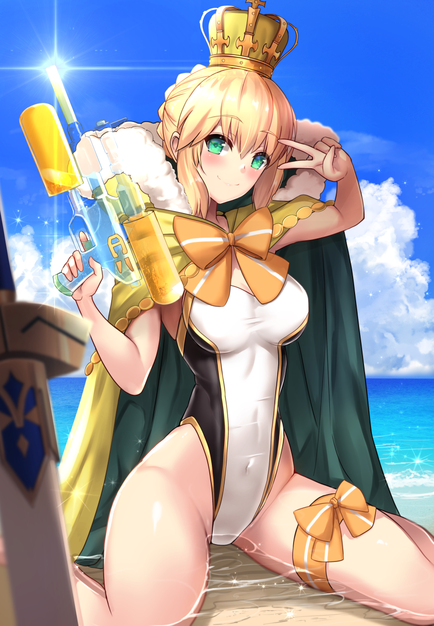 1girl ahoge artoria_pendragon_(fate) artoria_pendragon_(swimsuit_archer)_(fate) artoria_pendragon_(swimsuit_archer)_(third_ascension)_(fate) blonde_hair blush bow braid breasts cape cleavage cloud crown day excalibur_(fate/stay_night) fate/grand_order fate/stay_night fate_(series) female_focus green_crown green_eyes highleg highleg_one-piece_swimsuit highres holding looking_at_viewer medium_breasts one-piece_swimsuit outdoors sitting sky smile solo summer swimsuit untue v water_gun