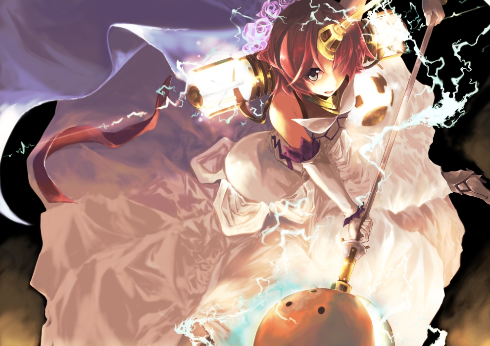 1girl bare_shoulders dress elbow_gloves fate/apocrypha fate/grand_order fate_(series) female_focus frankenstein&#039;s_monster_(fate) gloves grey_eyes looking_at_viewer polearm red_hair sleeveless sleeveless_dress solo sorano_eika sparks vacuum_tube weapon white_dress white_gloves