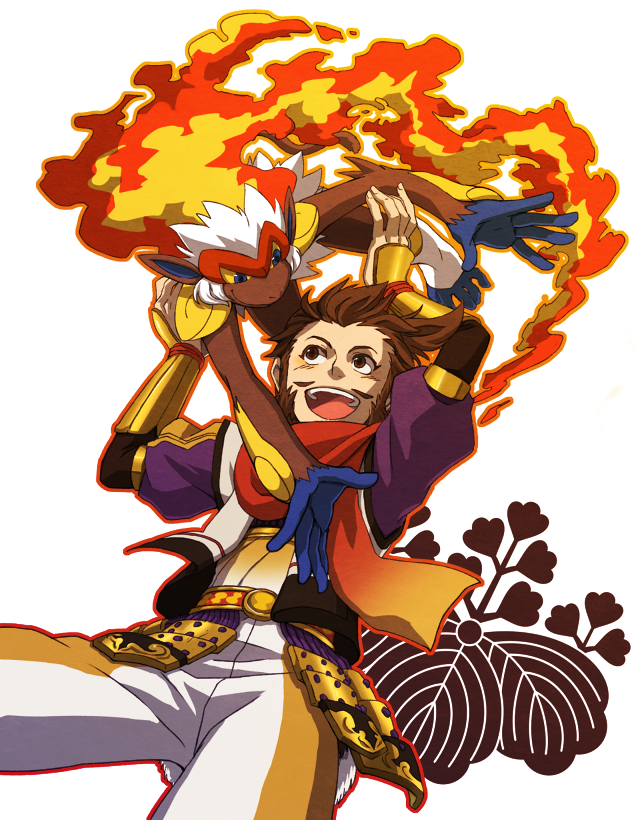 00s 1boy bad_id bad_pixiv_id brown_eyes brown_hair crossover facial_hair fire gen_4_pokemon infernape male_focus matatabi_nia mustache nintendo nobunaga_no_yabou oda_nobunaga oichi_(sengoku_musou) pokemon pokemon_(creature) pokemon_conquest pokemon_dppt sengoku_musou toyotomi_hideyoshi toyotomi_hideyoshi_(sengoku_musou)