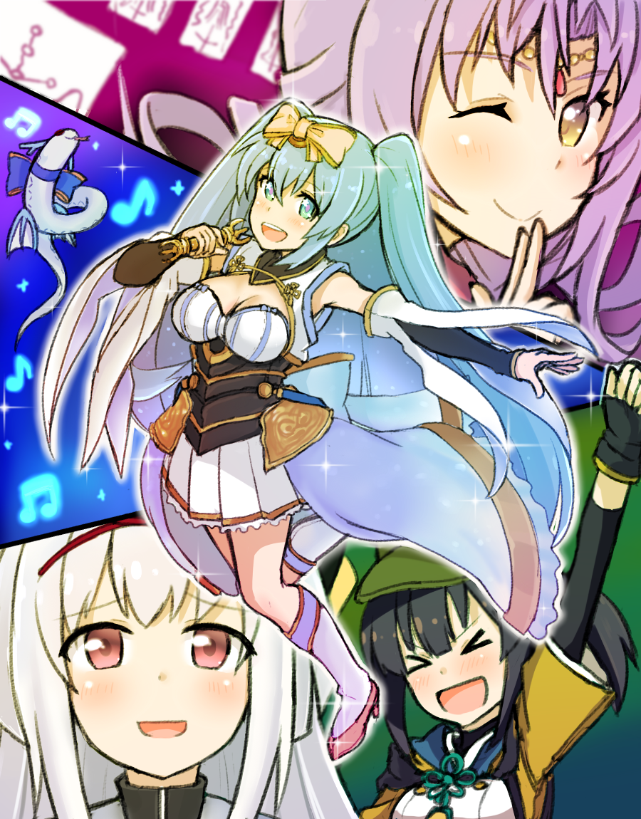 &gt;_&lt; 4girls arm_up atsushi_(aaa-bbb) blue_eyes blue_hair blue_ribbon cape cleavage_cutout closed_eyes closed_mouth clothing_cutout commentary_request corset detached_sleeves dragon eastern_dragon elbow_gloves fingerless_gloves forehead_jewel full_body gloves hat high_heels kannagiri_nagamitsu_(tenka_hyakken) kneehighs koryuu_kagemitsu_(tenka_hyakken) long_hair multiple_girls musical_note one_eye_closed open_mouth pink_ribbon pleated_skirt ponytail purple_hair ribbon shiro_(tenka_hyakken) short_sleeves skirt sleeveless socks star-shaped_pupils star_(symbol) suijingiri_kanemitsu symbol-shaped_pupils talisman teeth tenka_hyakken two_side_up upper_teeth_only vajra_(object) waist_cape white_cape white_hair yayoi_(tenka_hyakken) yellow_eyes