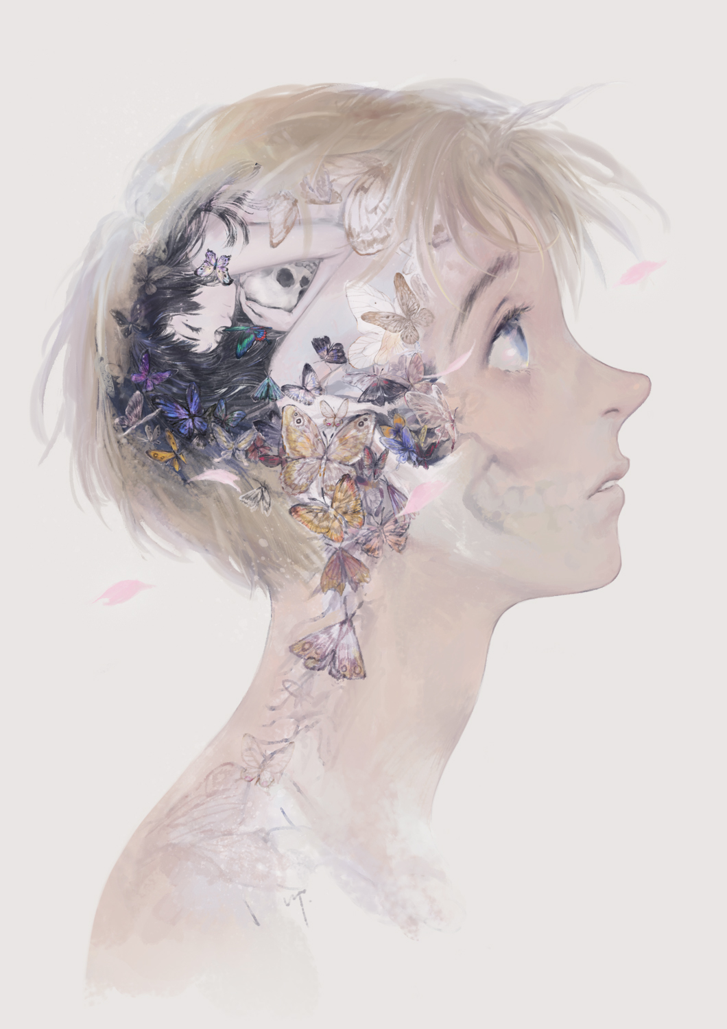 10s 1boy 1girl bad_id bad_pixiv_id beige_background black_hair blonde_hair blue_eyes bug butterfly character_request closed_eyes eyelashes fetal_position from_side grey_background hetero highres hug insect kujou_sakurako_(sakurako) lip_(lih8) long_hair mole mole_under_eye moth nude parted_lips portrait sakurako-san_no_ashimoto_ni_wa_shitai_ga_umatteiru simple_background skull tatewaki_shoutarou